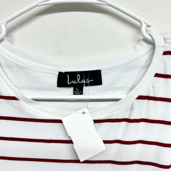 Lulus Women Cafe Society White and Red Short Sleeve Striped Shirt Dress Large - Picture 3 of 4